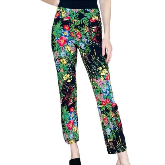 Luxury Floral Print Straight Leg Pants Novelty Botanical Stretch Pull On 10 UP! - Picture 1 of 13